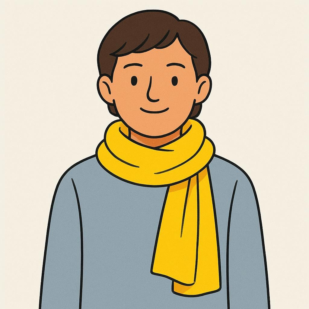 A person wearing a bright yellow scarf draped around their neck, illustrating the concept of wearing clothing.