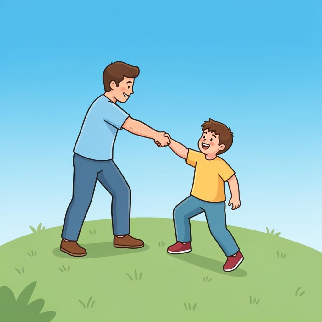 A kind person reaching down from a small hill to pull a friend up by the hand.