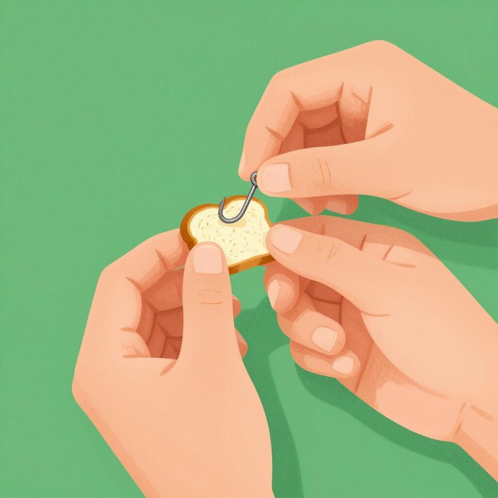 Un paio di mani che mettono con cura un pezzo di pane su un amo da pesca.