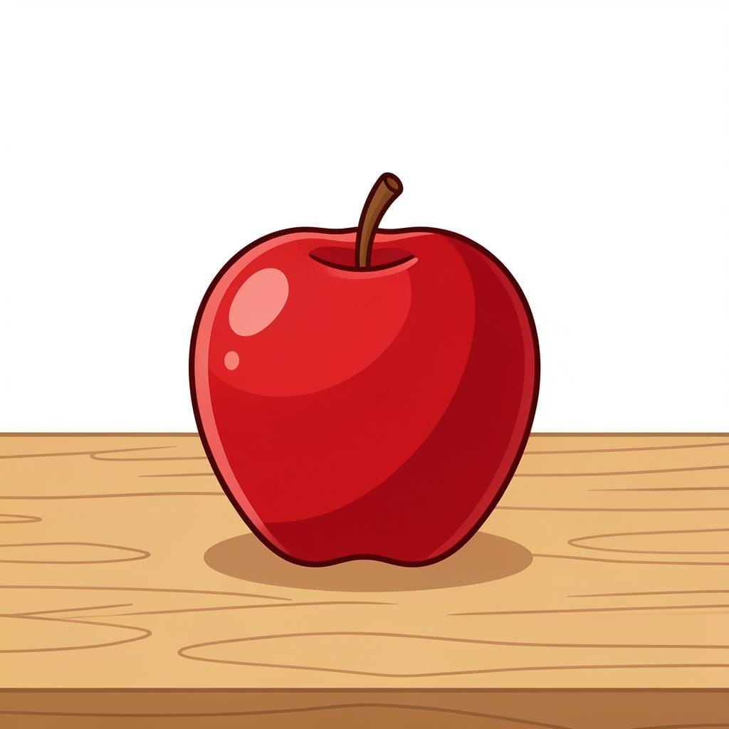 A bright red apple sitting on a simple wooden table.