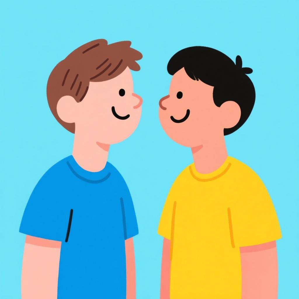 서로 마주보며 인사하는 두 친구가 웃으며 눈을 맞추는 모습을 보여주는 간단한 삽화.