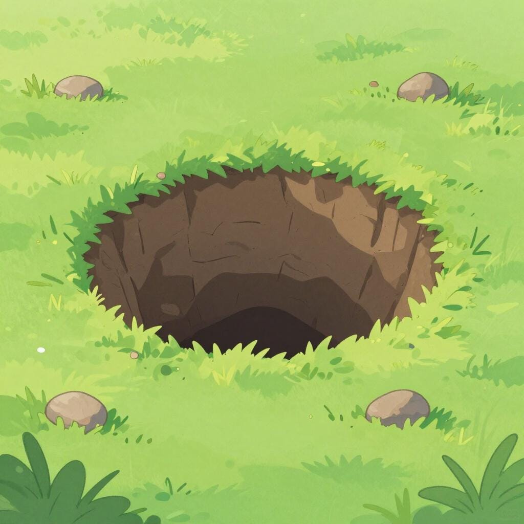 A high quality illustration of a large, circular pit in the ground caused by a meteorite impact.