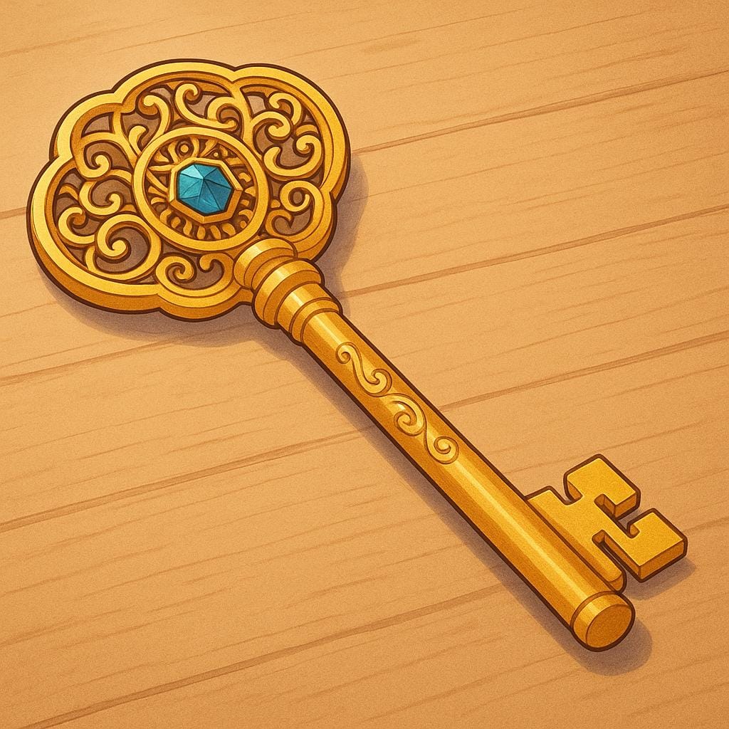 A single, prominent, ornate golden key resting on a simple wooden surface, symbolizing a master key.