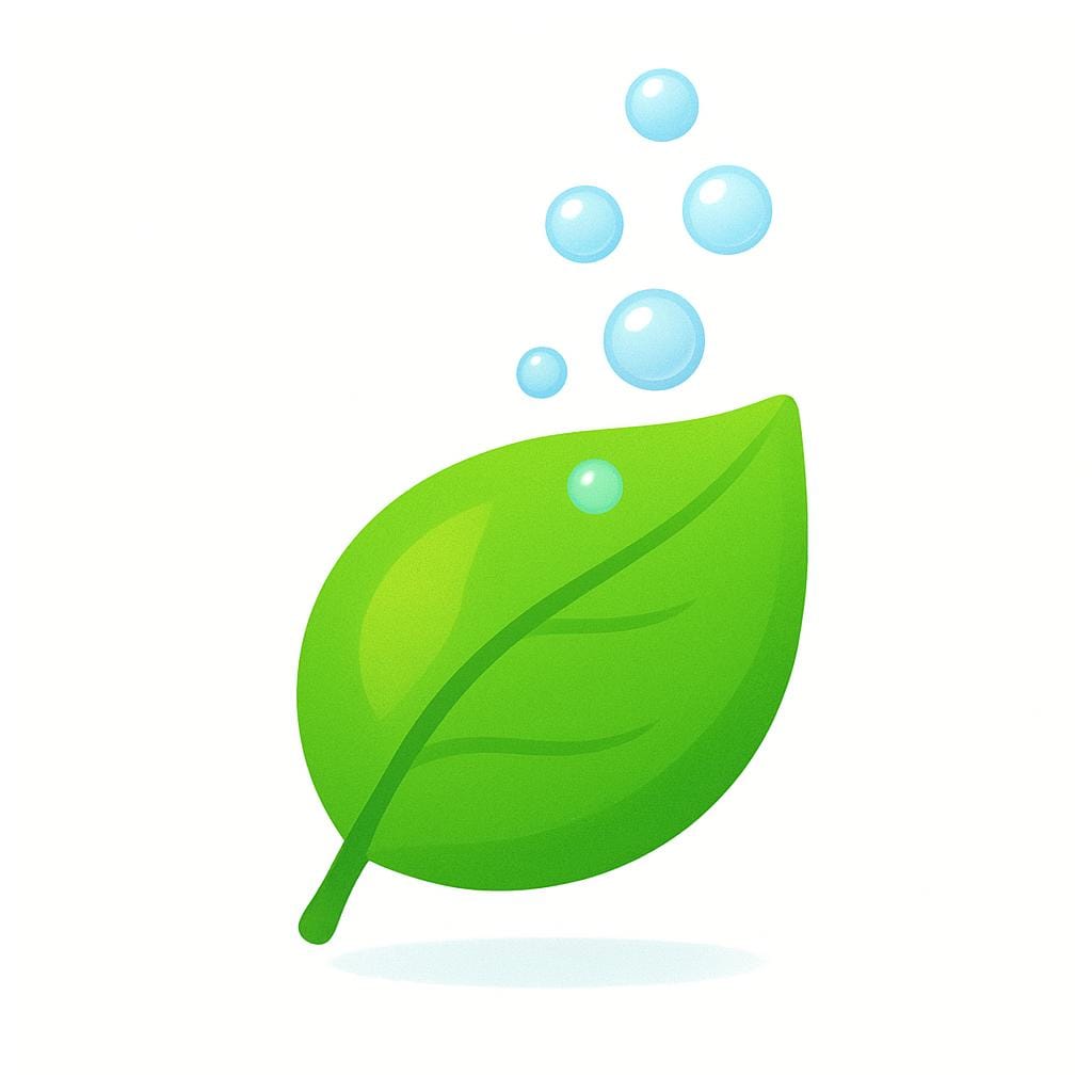 A close-up illustration of a bright green leaf on a stem, with small, light blue bubbles floating upward from its surface, symbolizing the release of oxygen.