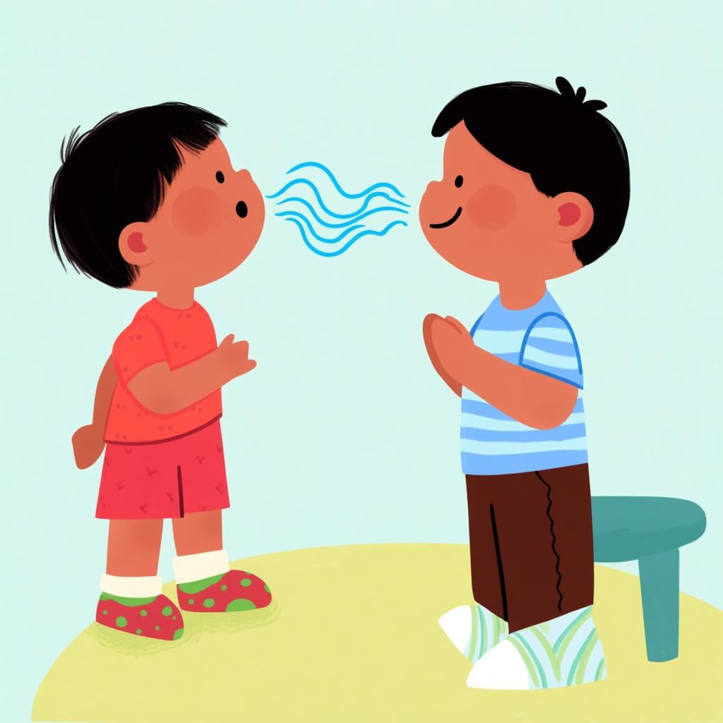 A colorful storybook illustration showing a child speaking directly to a listening adult. Small, abstract blue lines visually represent the sound or speech flowing from the child to the adult.