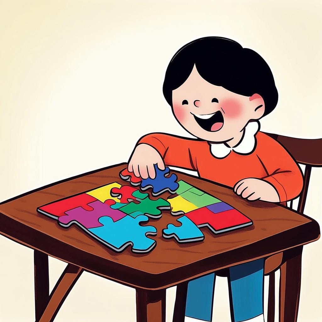 A person happily placing the final, distinct piece into a large, colorful jigsaw puzzle, symbolizing the completion of a task.