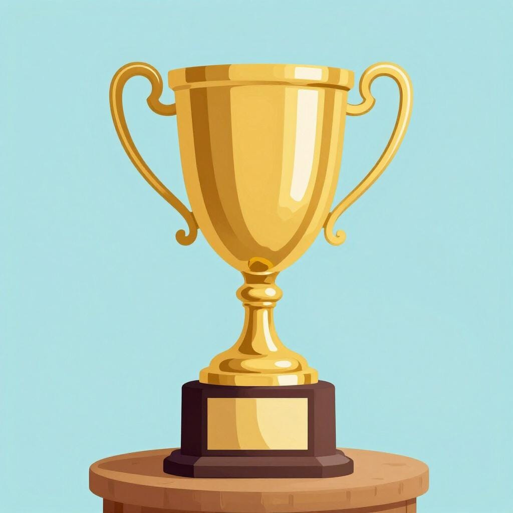 Une coupe trophée dorée et brillante posée sur un piédestal en bois.