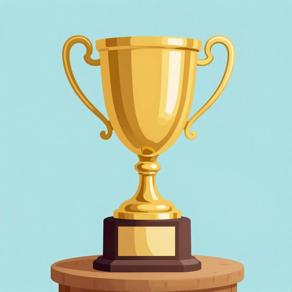 Um troféu dourado brilhante sobre um pedestal de madeira.