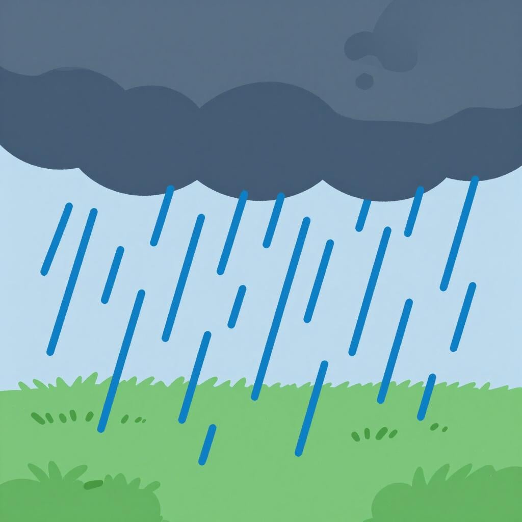 A heavy rainstorm with thick blue sheets of water falling from dark clouds.