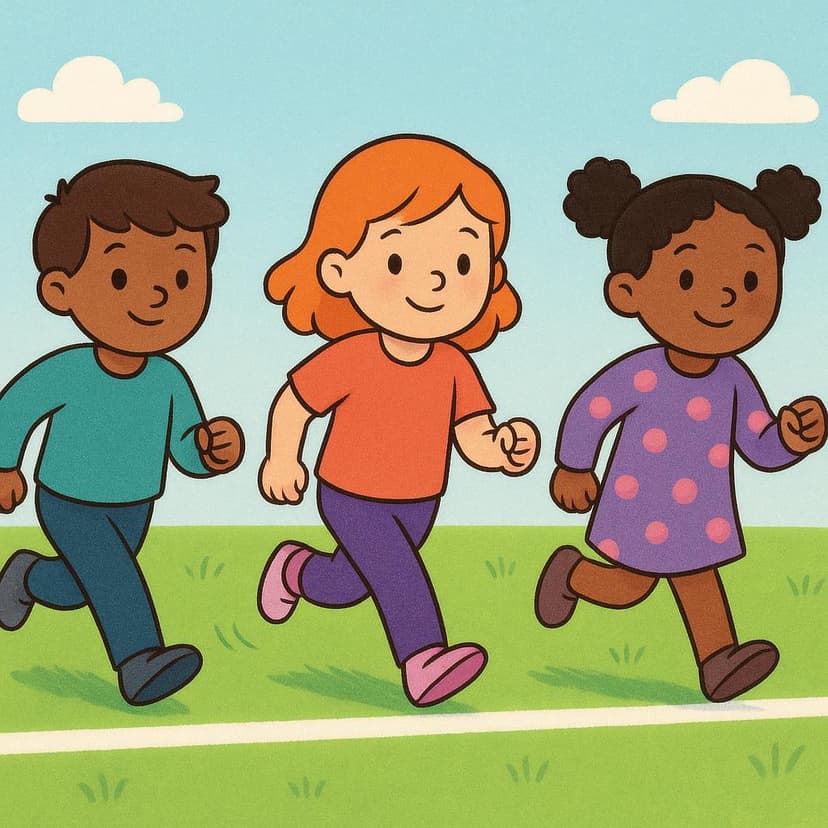Three stylized figures are shown side-by-side, taking their very first steps forward across a clear white starting line on a bright green field.