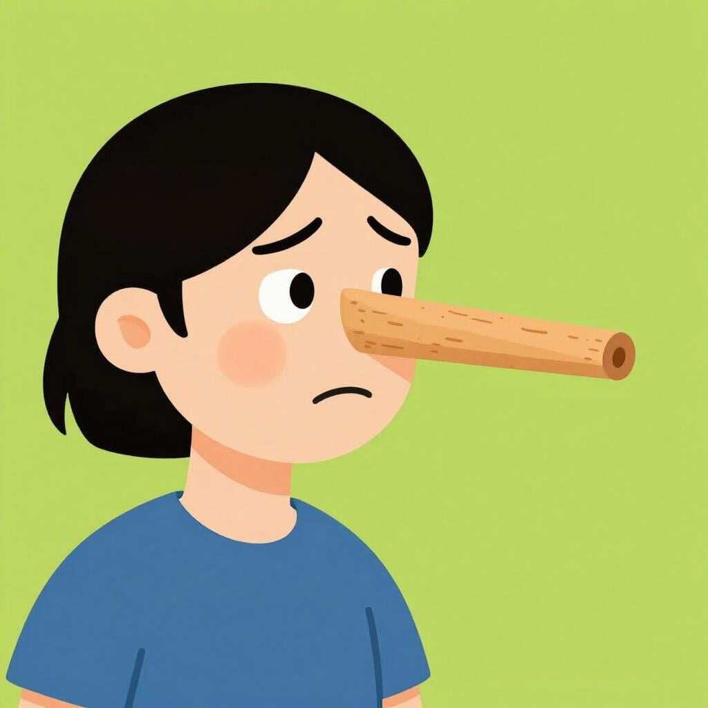 A person with a long wooden nose standing in a spotlight, looking nervous.