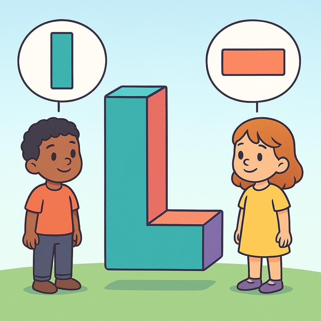 Two cartoon children standing on opposite sides of a large, colorful, L-shaped object. One child sees only a tall rectangle, while the other sees a short, wide rectangle, illustrating differing viewpoints.