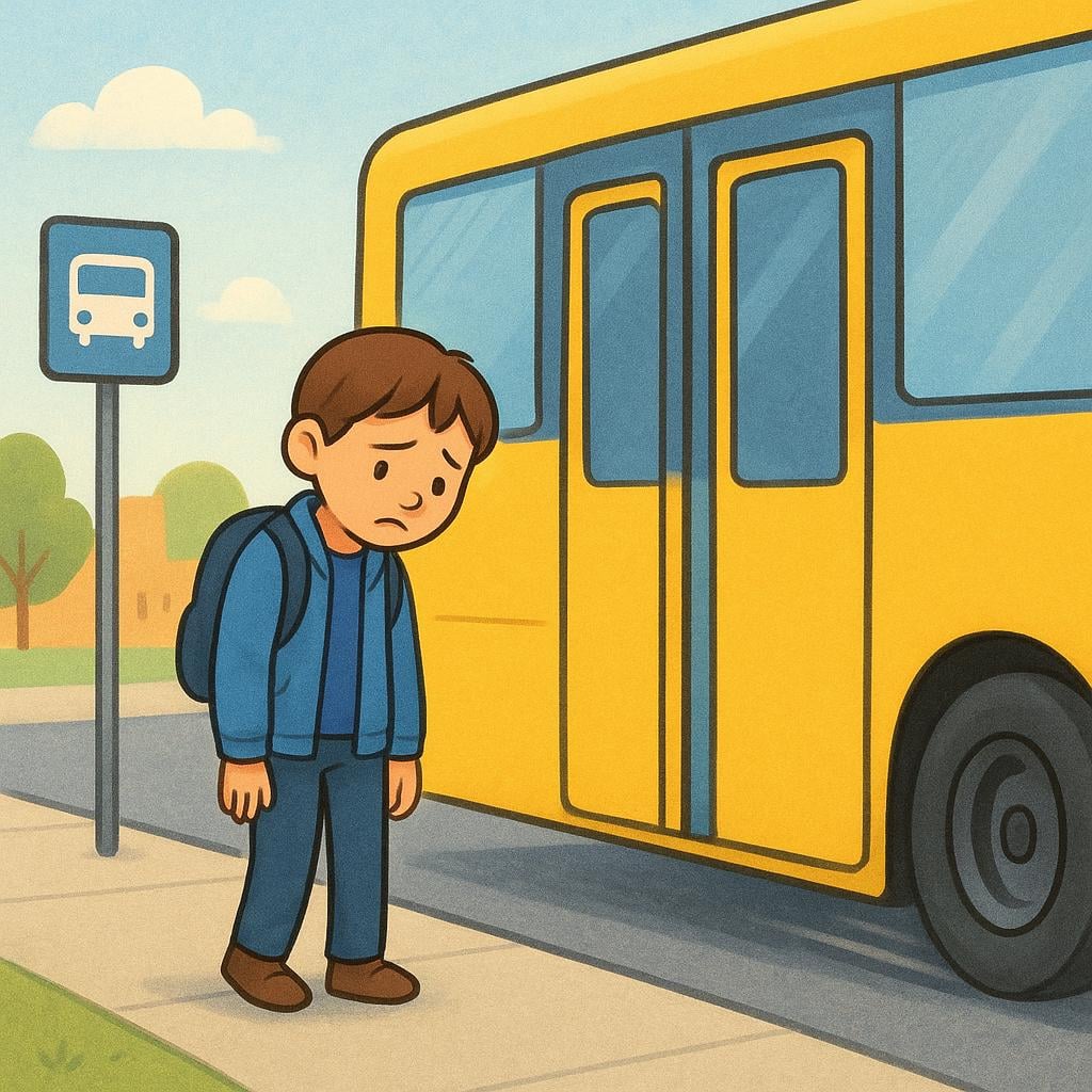 A disappointed person stands at a bus stop just as the large yellow bus pulls away, having missed it.