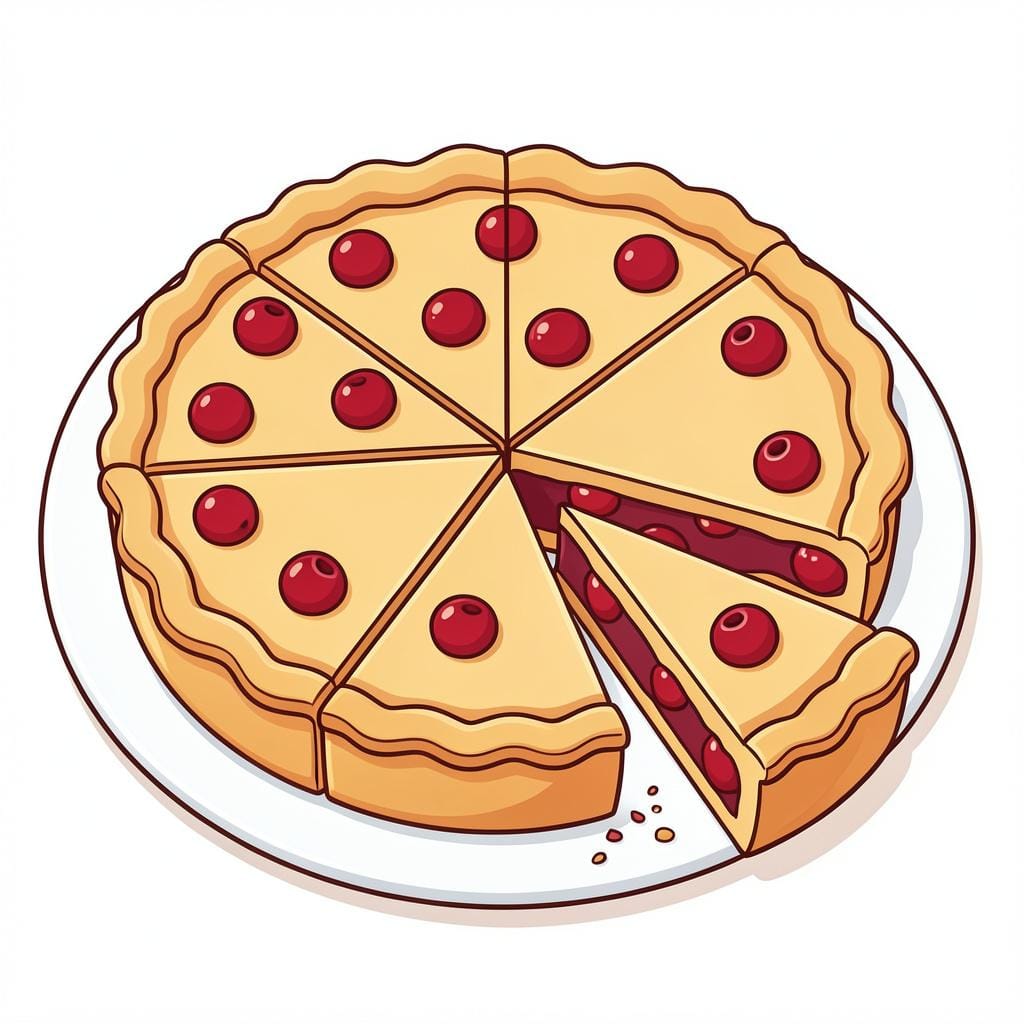 7つの均等なスライスにカットされた丸いパイ。1つのスライスが全体から少し離されています。