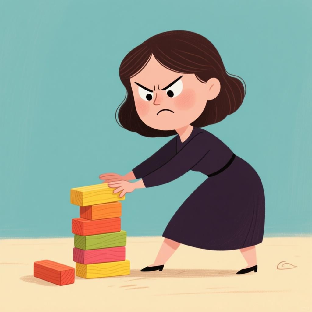 A stern-looking woman wearing a dark dress is scowling and deliberately knocking over a small, innocent stack of bright wooden blocks.