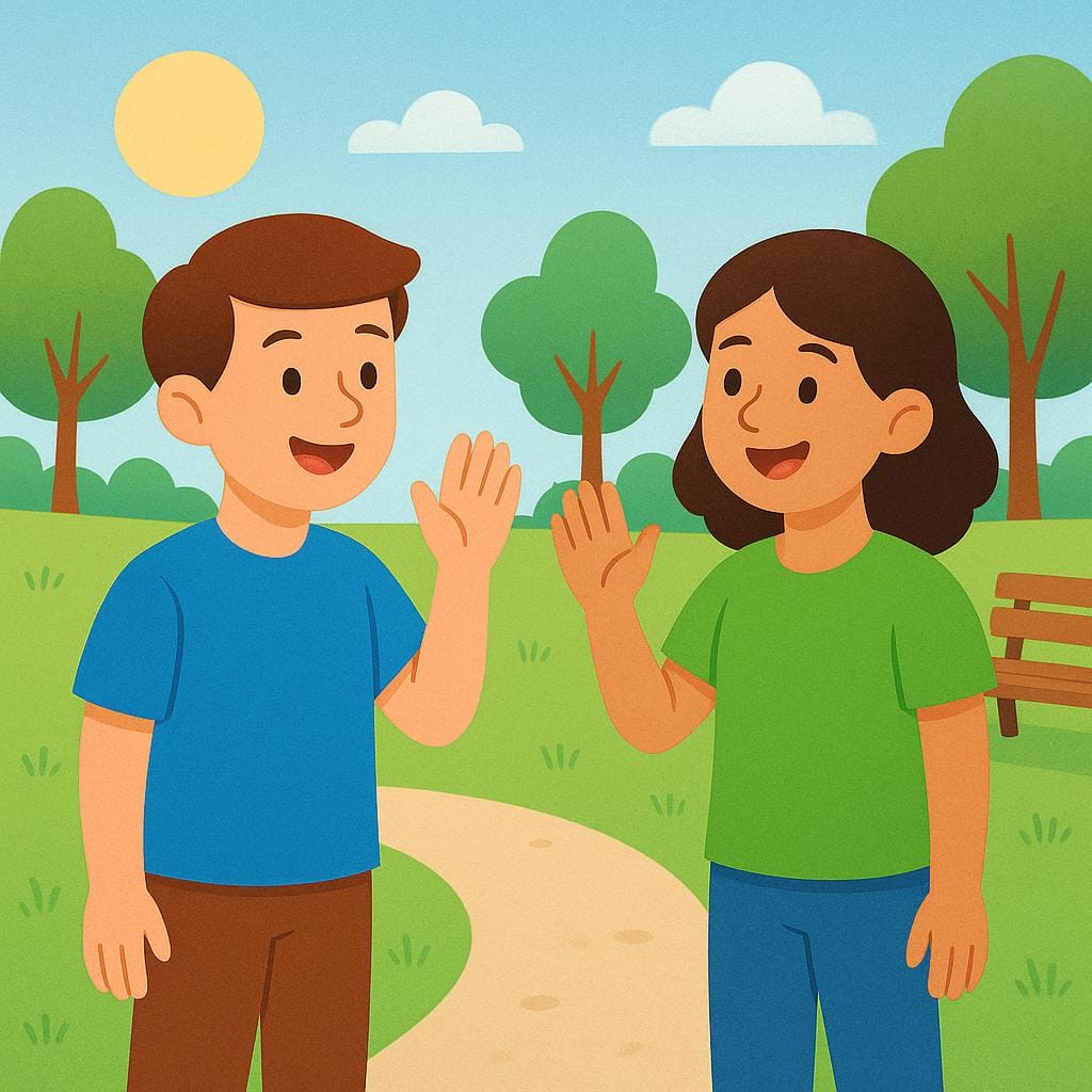 Twee vrienden die elkaar blij begroeten en naar elkaar zwaaien in een zonnig park, de een in een blauw shirt en de ander in een groen shirt.