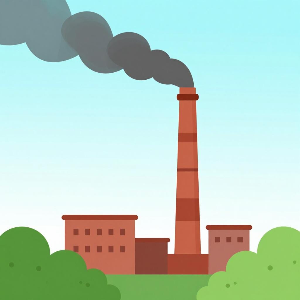 A factory chimney releasing dark smoke into a bright blue sky above a green forest.