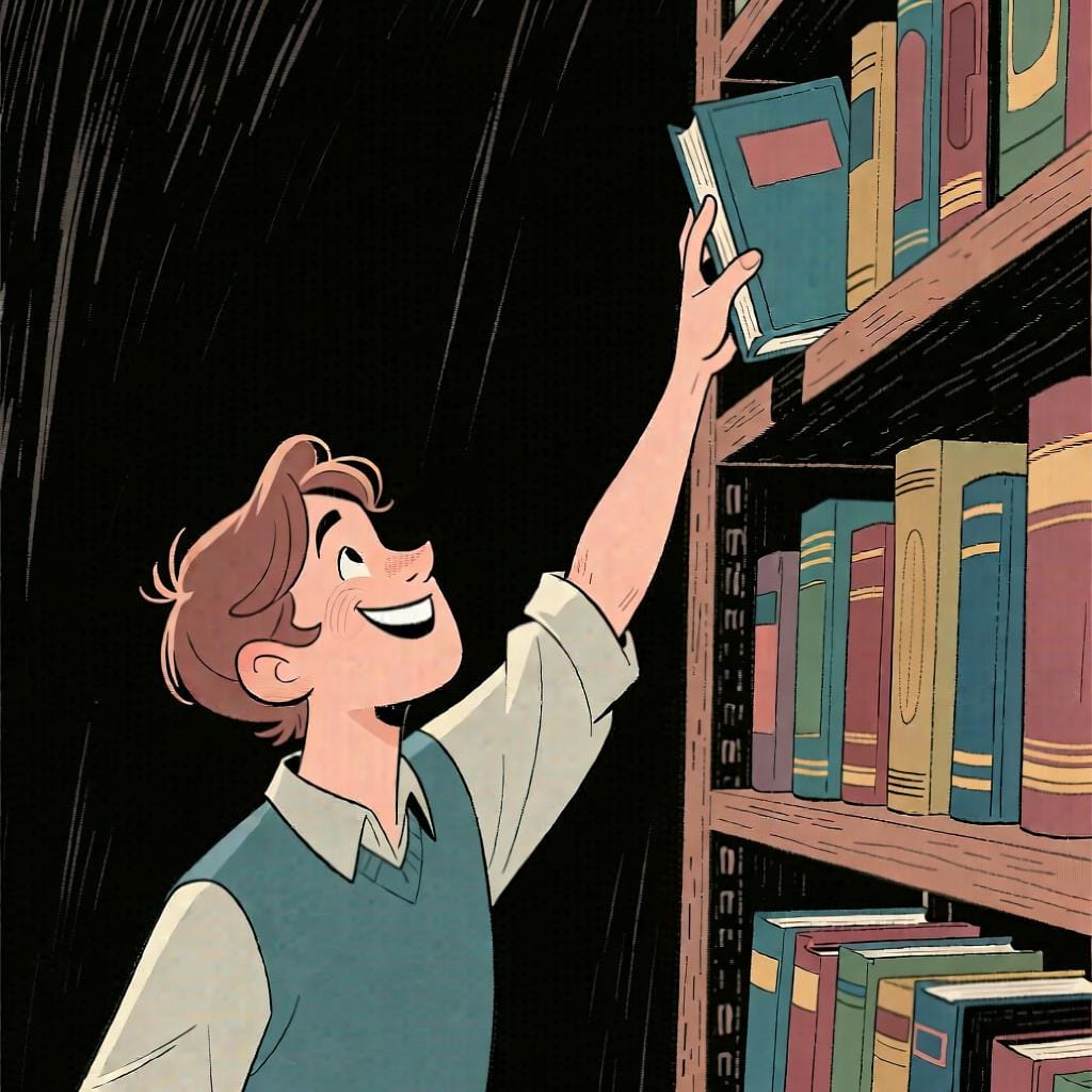 A person confidently reaching for a book on a high shelf, demonstrating their ability.