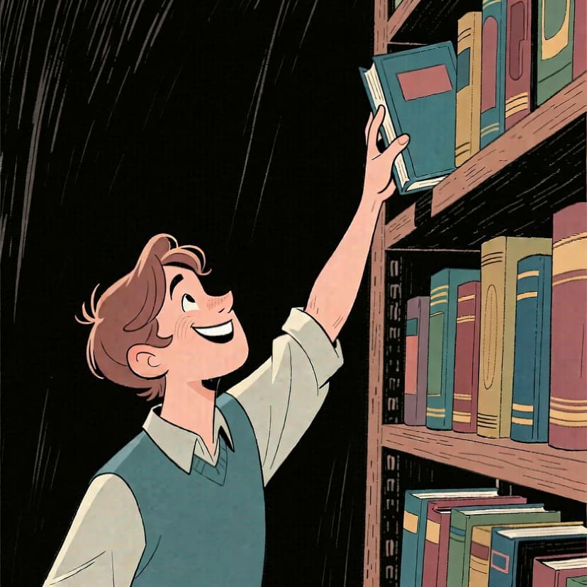 A person confidently reaching for a book on a high shelf, demonstrating their ability.