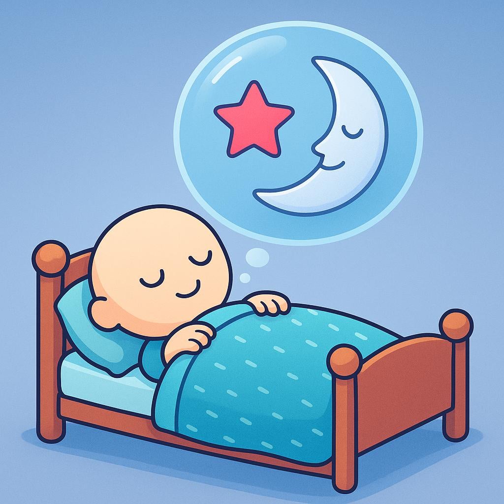 A storybook illustration of a person sleeping soundly in a simple bed, with a thought bubble floating above their head containing a star and a friendly crescent moon, symbolizing having dreamed.