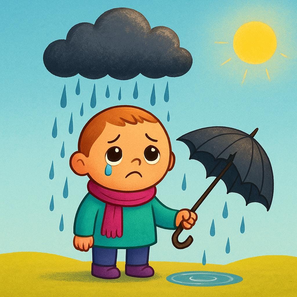 A colorful illustration showing a small person looking sad, holding a broken umbrella under a localized rain cloud, symbolizing bad luck or misfortune.