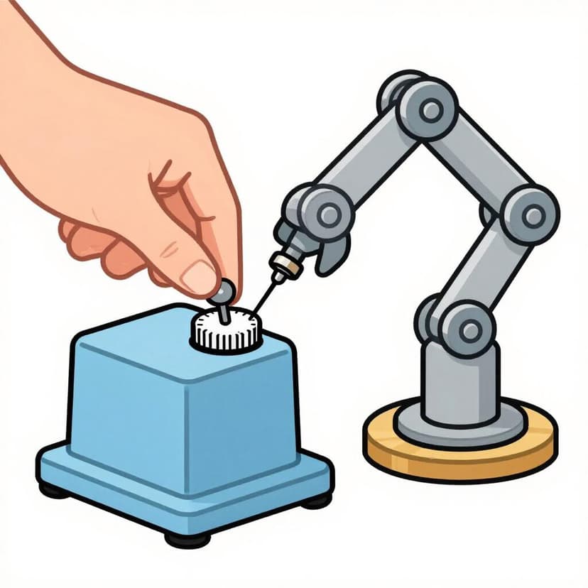 A hand turning a small knob on a colorful machine to align a needle.