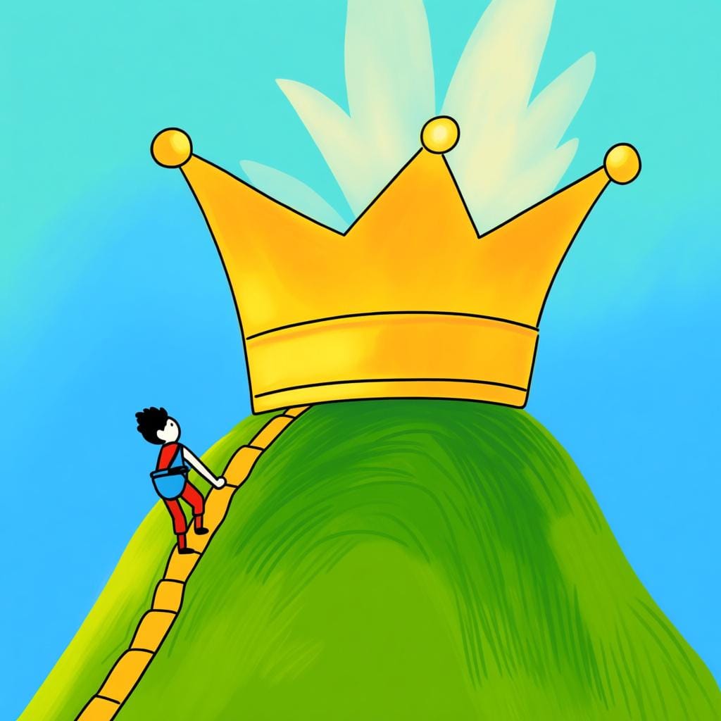 A determined figure climbing a steep, winding path towards a large, glowing crown resting on the summit of a hill, symbolizing achievement.
