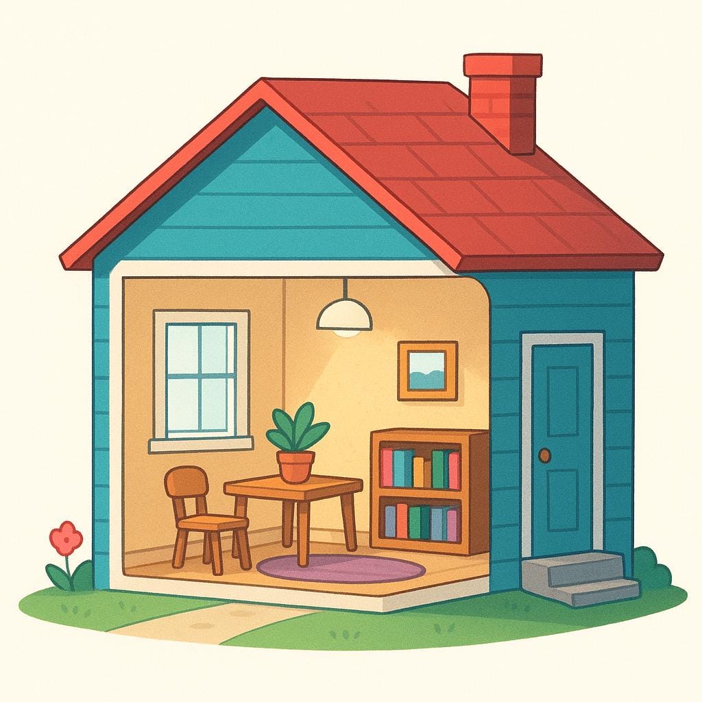 A cross-section view of a simple, colorful house, revealing a brightly lit, cozy room inside with furniture.