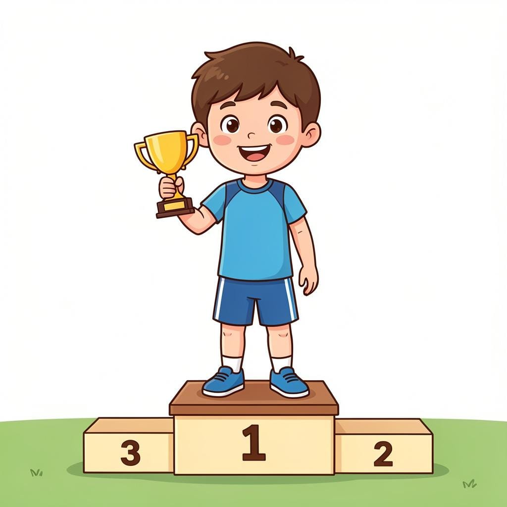 A happy child receiving a gold trophy on a podium after a race.
