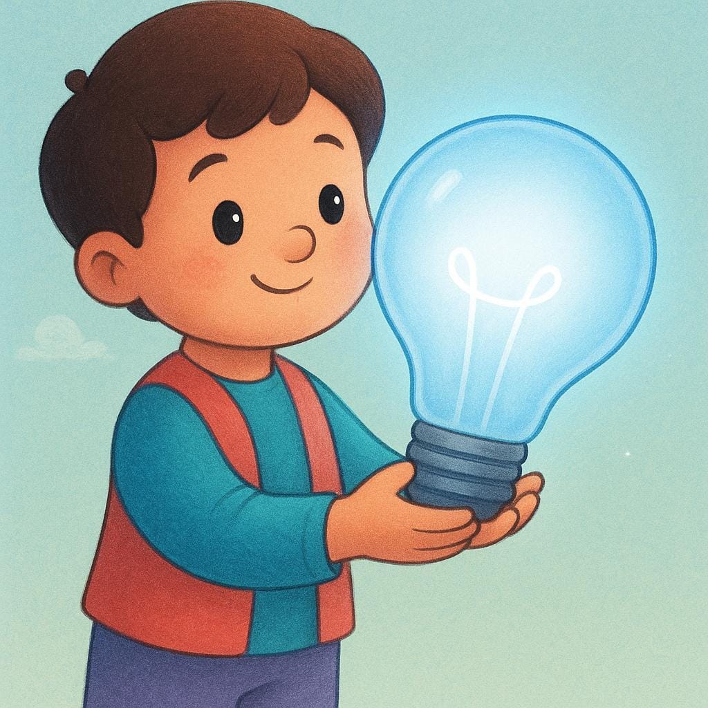 A friendly character stands, holding up a large, glowing lightbulb with both hands towards another character, symbolizing the act of offering or suggesting an idea.