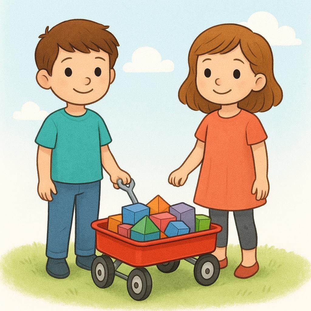 A simple storybook illustration showing two figures, a boy and a girl, collaborating to pull a bright red wagon filled with colorful blocks.