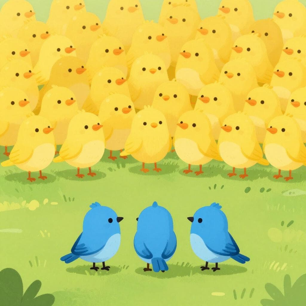 Een kleine groep van drie blauwe vogels die samen staan, terwijl een veel grotere groep gele vogels aan de zijkant staat.