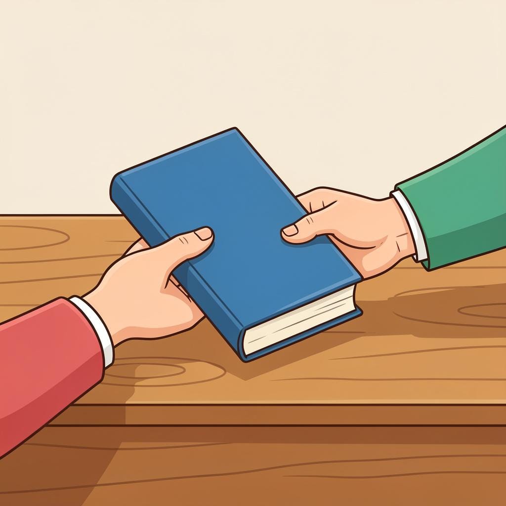 カウンター越しに司書に図書館の本を返している人。