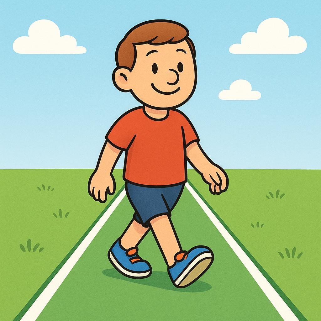 A cartoon person walking neatly between two white boundary lines on a path, demonstrating compliance.