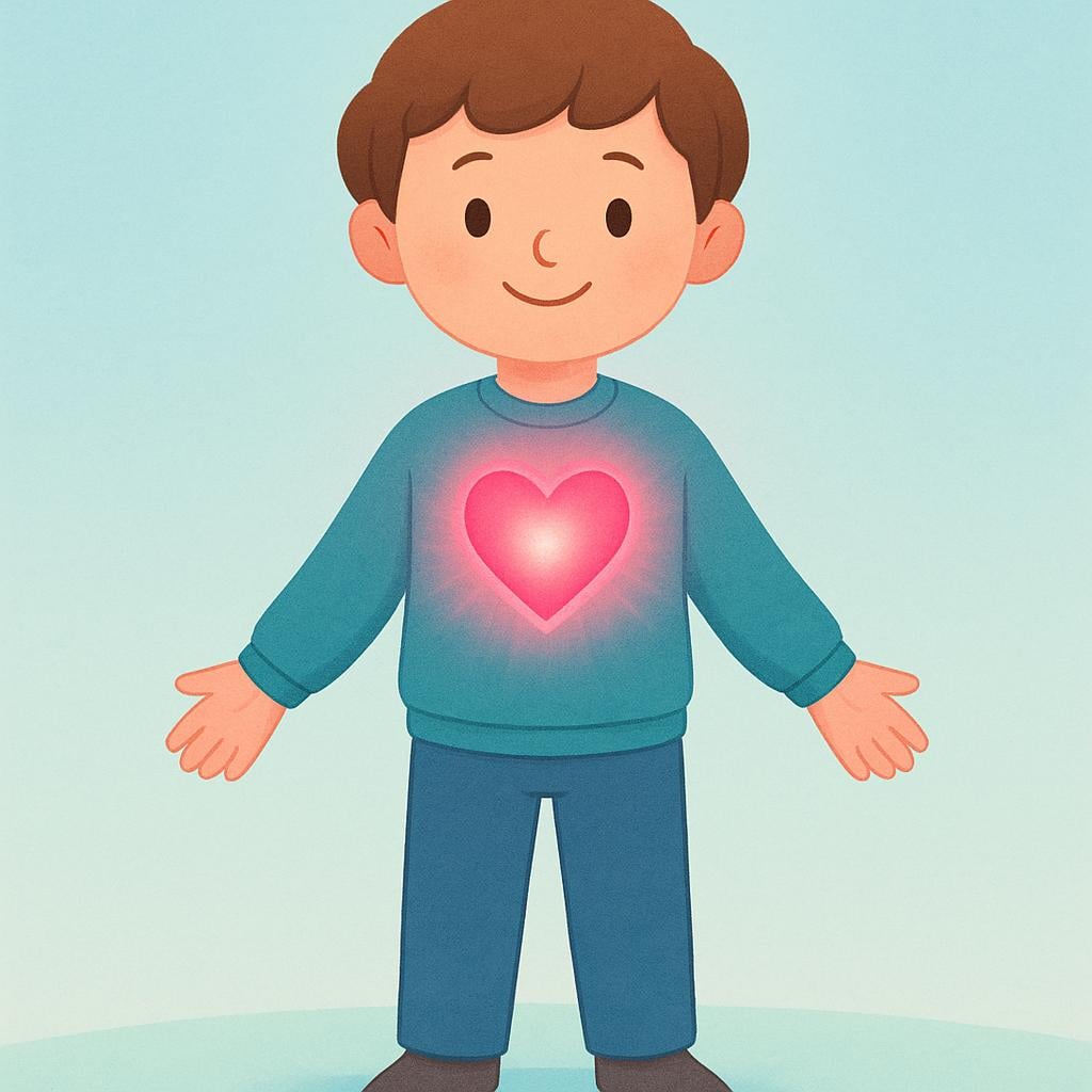 A high quality storybook illustration of a smiling person with a glowing, visible heart transparently shown on their chest, signifying honesty and sincerity.