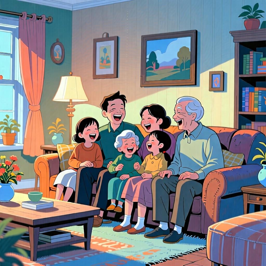 A warm, cozy living room where a family of multiple generations is laughing together, representing 'gente' as one's own family or community.