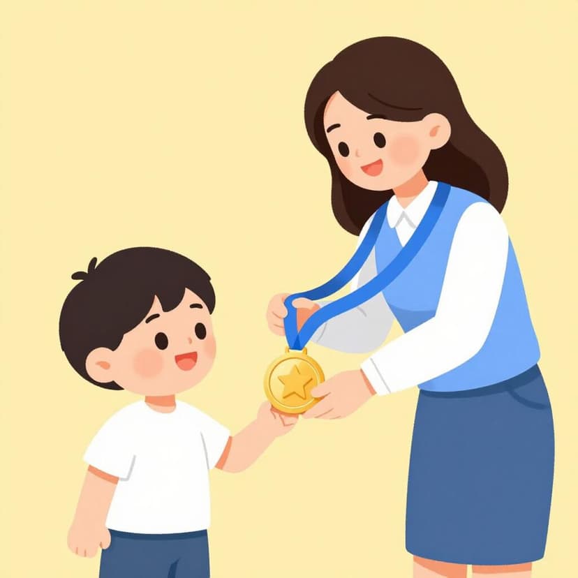 A child being handed a shiny gold medal by a smiling teacher.