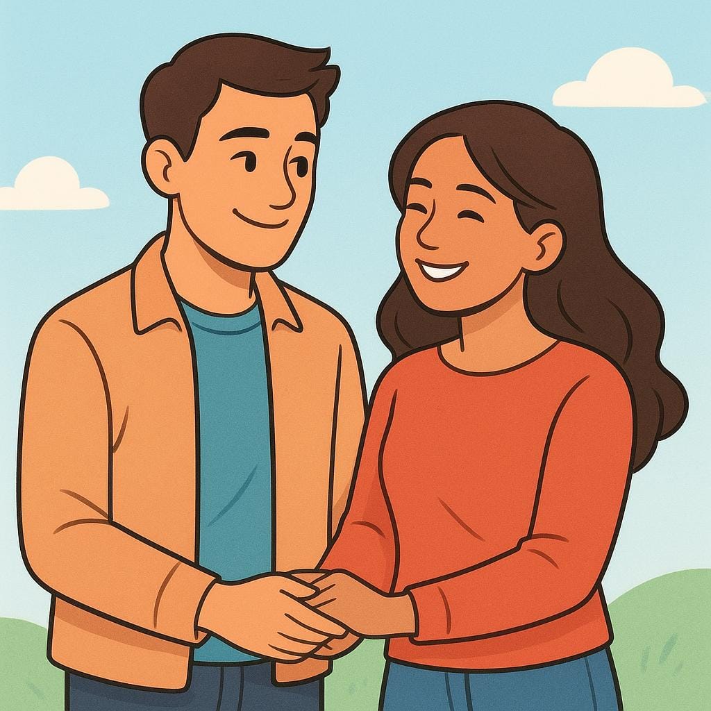 A young man and a young woman standing close together, holding hands and smiling, symbolizing a boyfriend and girlfriend.