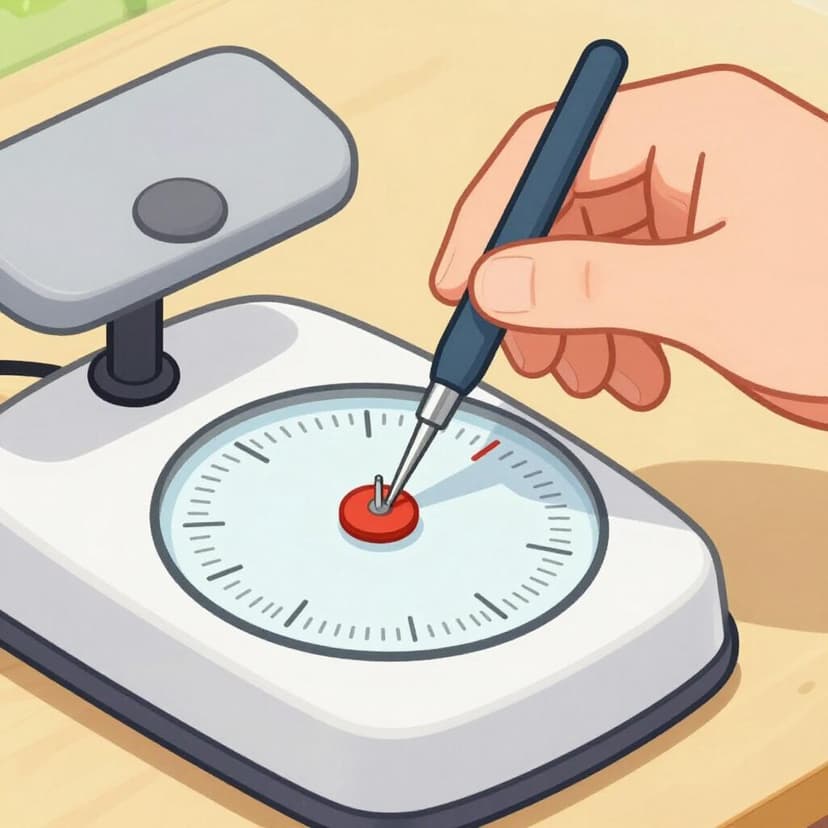 A hand using a small screwdriver to adjust a colorful mechanical scale.