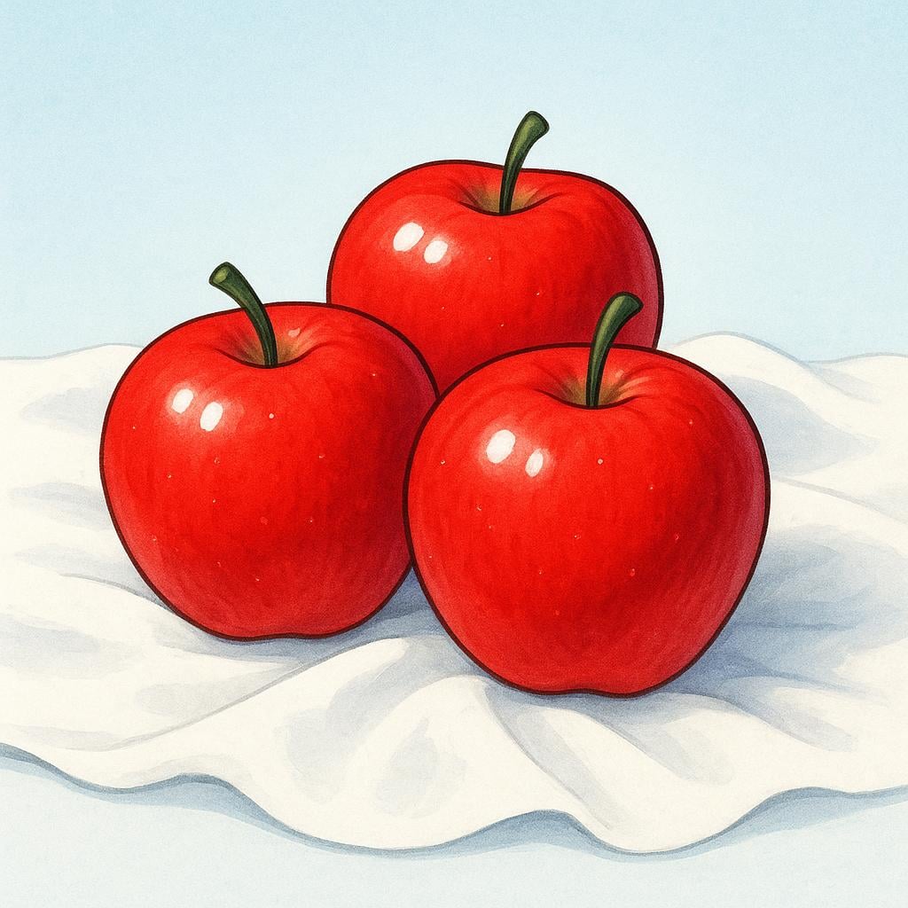 A simple illustration showing three extremely shiny and spotless red apples resting on a pristine white fabric, representing cleanliness.