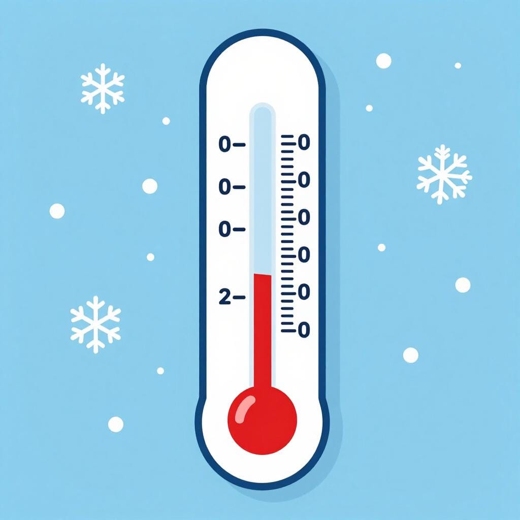 Een eenvoudige thermometer die een laag rood vloeistofniveau laat zien, omringd door sneeuwvlokken.