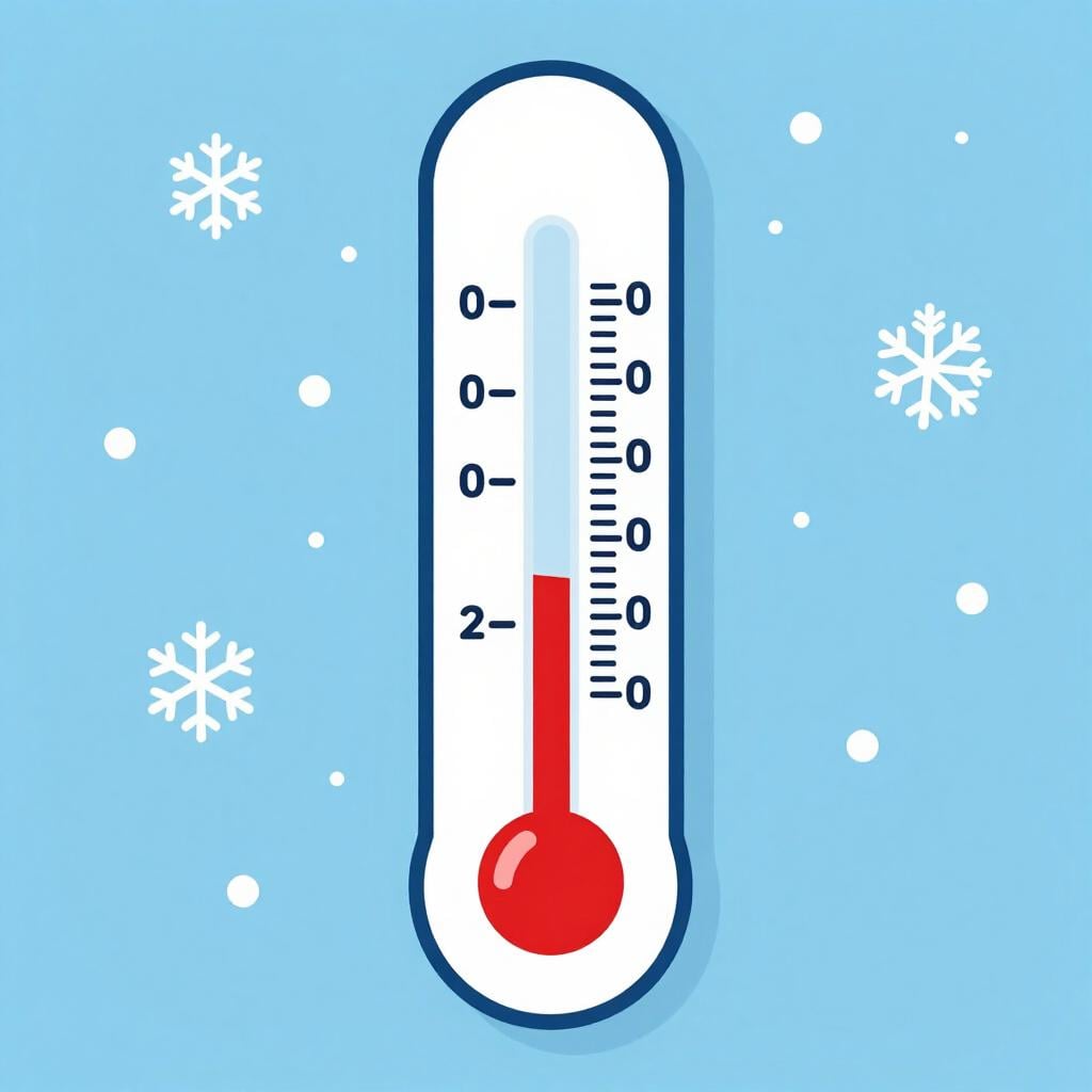 A simple thermometer showing the red liquid level dropping low, surrounded by snowflakes.
