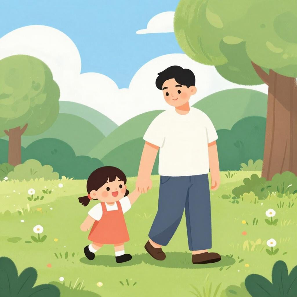 A friendly man smiling and walking in a park with a young child, holding hands.