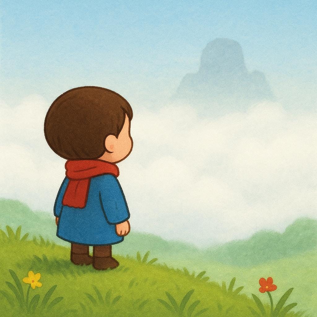 Una bambina si trova su una collina erbosa, guardando verso una valle piena di nebbia bianca e soffice. In lontananza, una sagoma indistinta e nebbiosa suggerisce la forma di un oggetto grande.