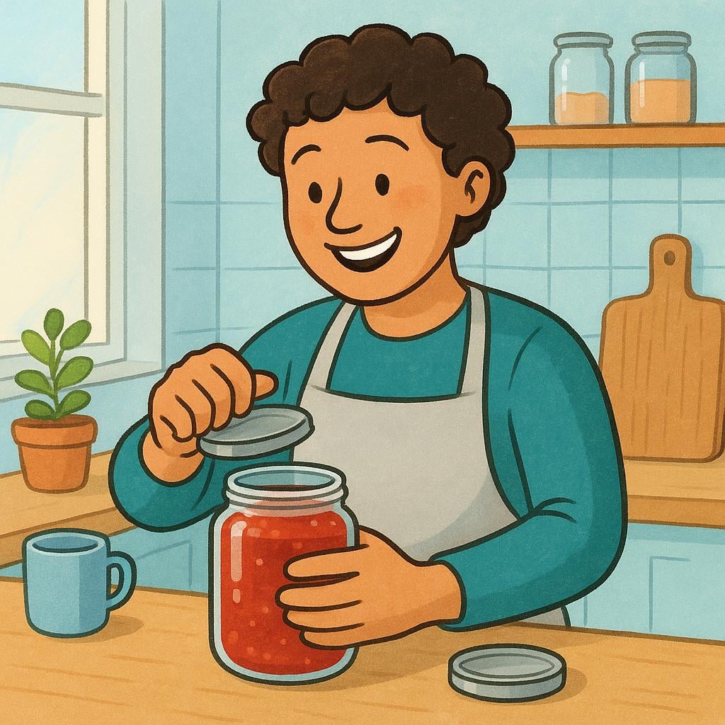 A happy character, standing in a kitchen, holding a glass jar with the lid successfully loosened and slightly ajar, symbolizing achievement.