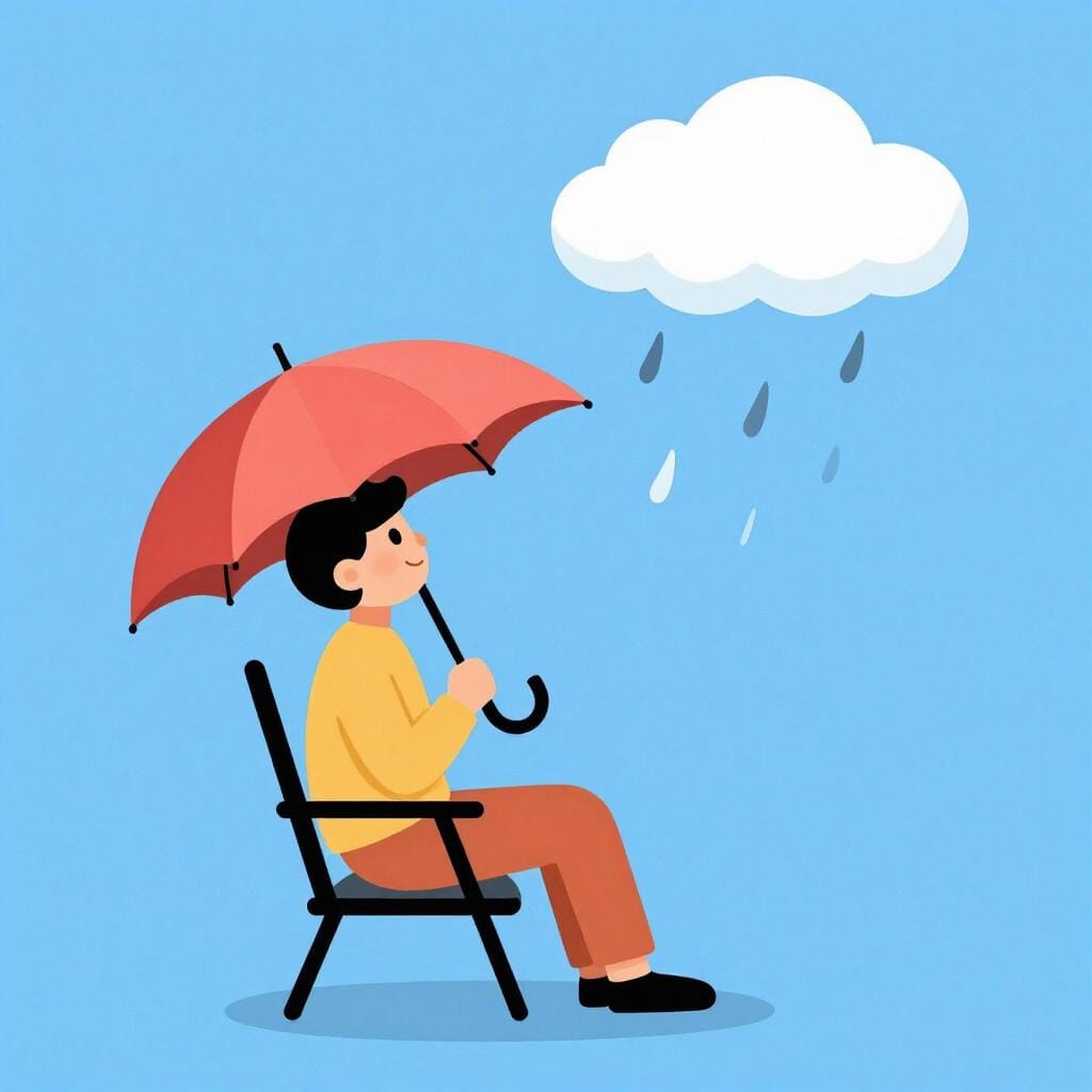 Eine Person, die bequem in einem Stuhl sitzt und einen Regenschirm hält, während sie auf eine einzelne dunkle Regenwolke über sich blickt.