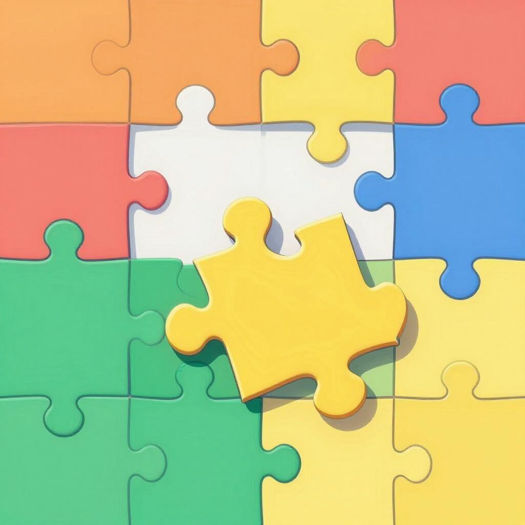 Uma peça de quebra-cabeça colorida que se encaixa perfeitamente em um espaço correspondente em um quebra-cabeça quase completo.