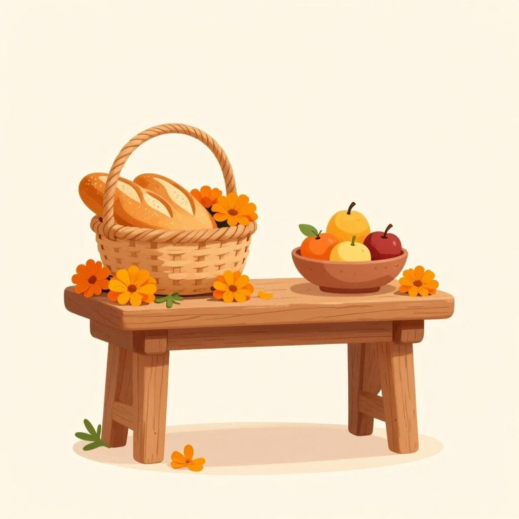 A colorful arrangement of bright marigold flowers, a loaf of bread, and a small bowl of fruit on a wooden table.