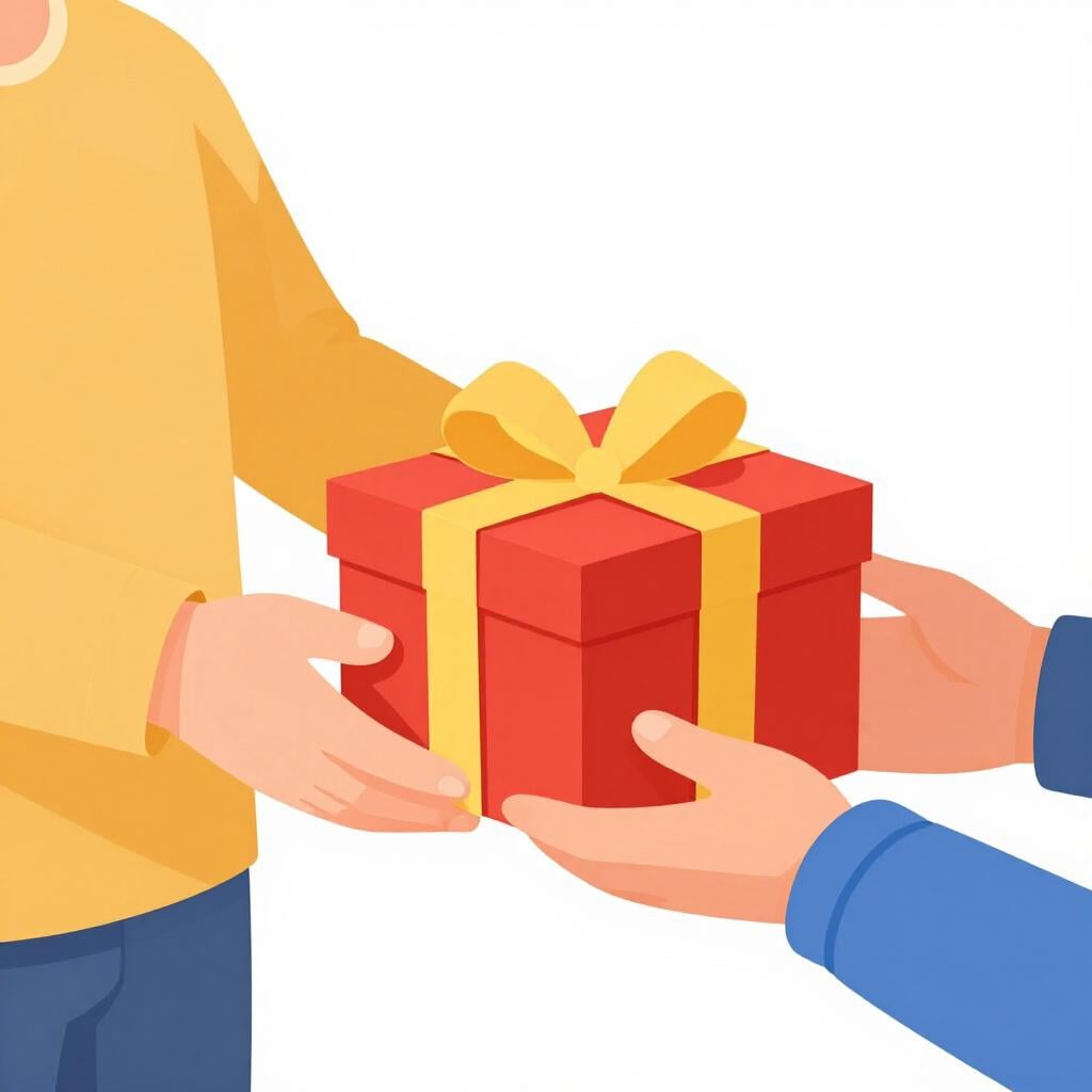 A person smiling and happily receiving a wrapped gift from another person.