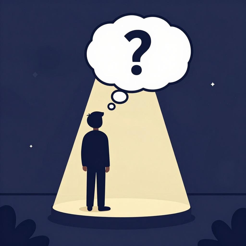Een persoon die verward en stil op een podium staat, met een groot vraagteken zwevend in een gedachtenwolk erboven.